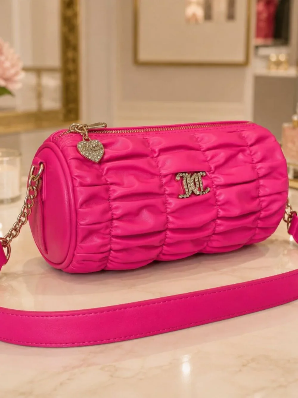 Juicy Couture Run the World Pink Flash Ruched Barrel Shoulder Bag NWT